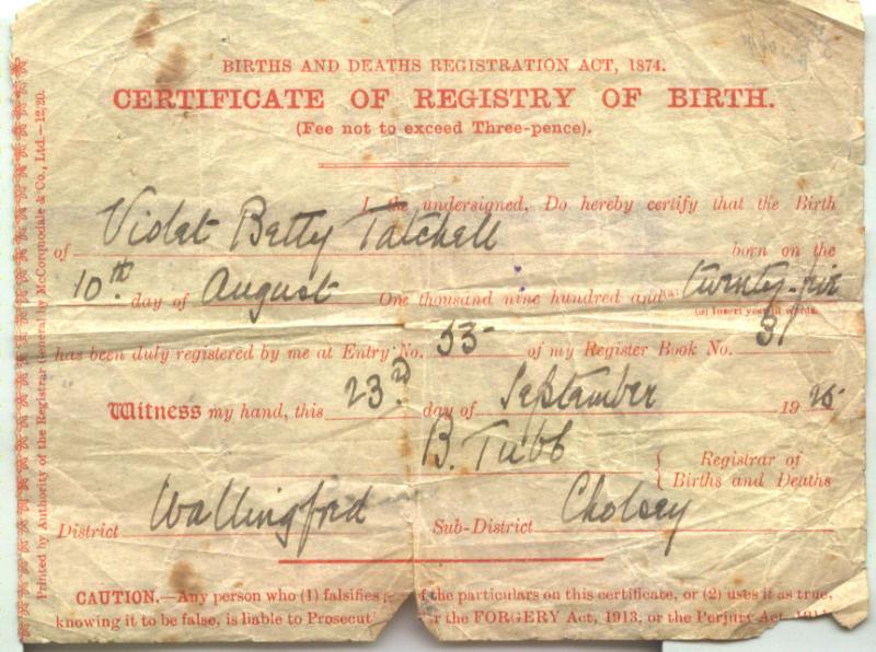 Birth Cert Tatchell Violet Betty